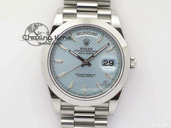 0112 DayDate 40mm BP-Maker 228206 SS Ice Blue Stick Dial (Smooth Bezel) On SS Bracelet ETA FreshLook 3913